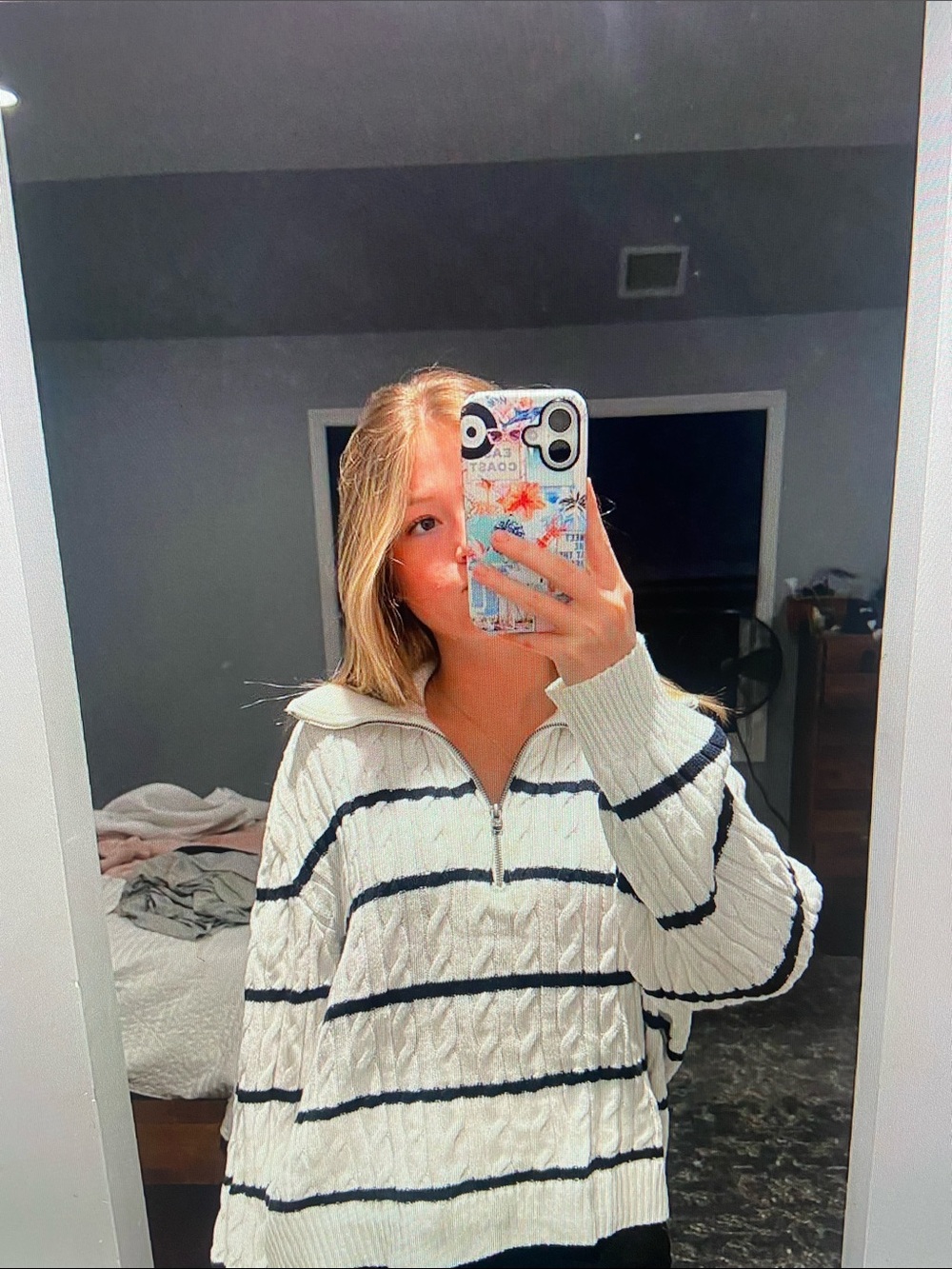 Striped Cable-Knit Half-Zip Pullover Sweater - White/Black